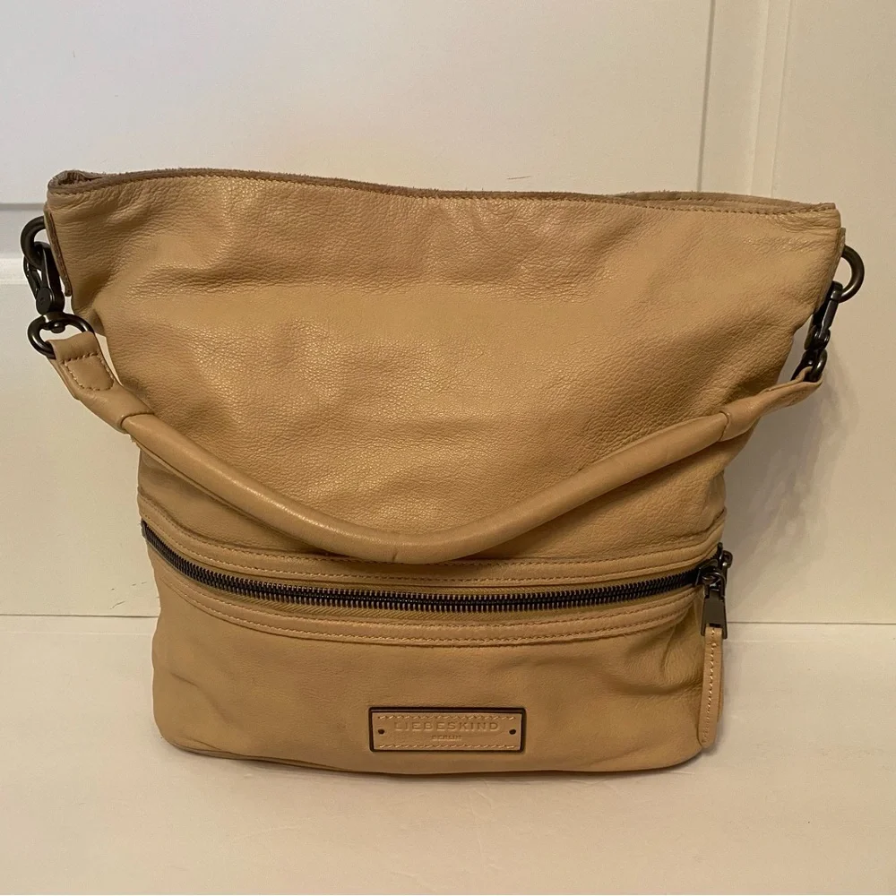 LIEBESKIND BAG HOBO TAN TEXTURED LEATHER TOP HANDLE SNAP CLOSE PEWTER HARDWARE